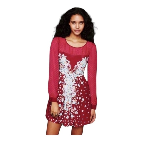 Free People Burgundy Red Cascade Floral Swiss Dot Full Sleeve Tunic Dress Small - Picture 1 of 16